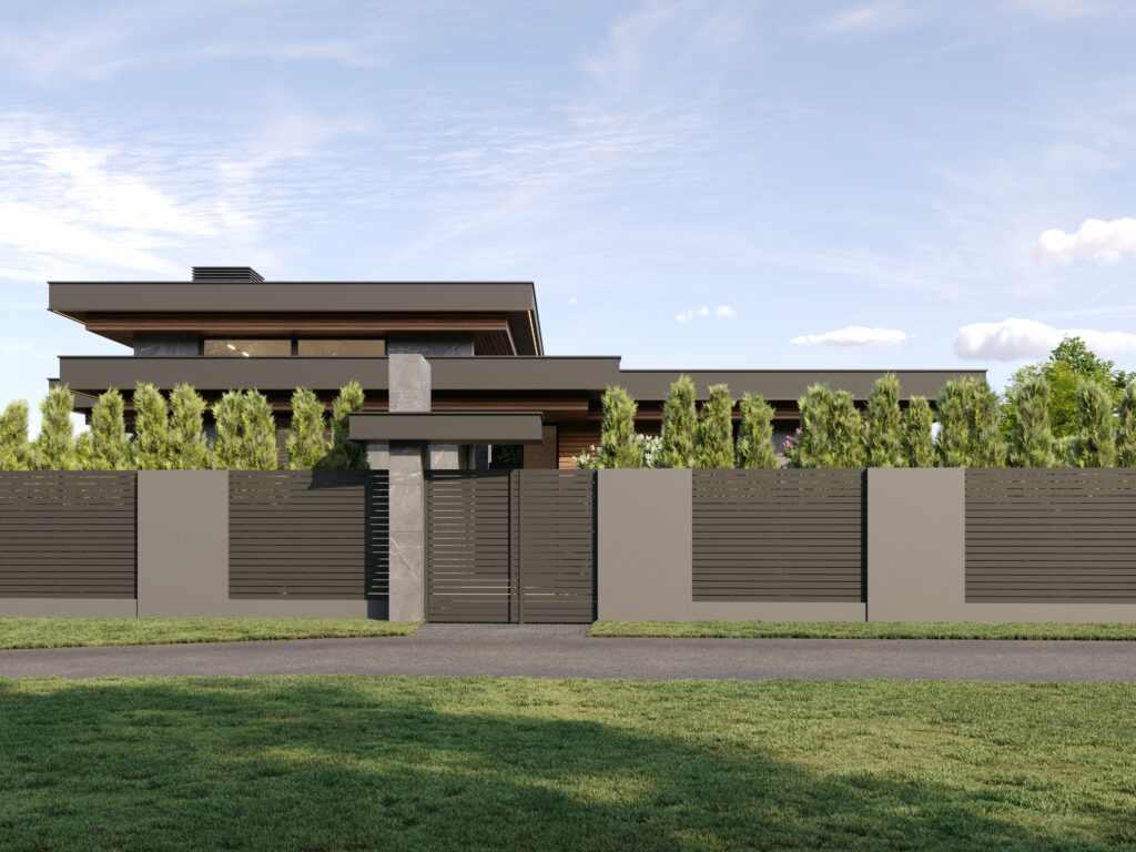 Ogrodzenie palisadowe z nowoczesnym ogrodem