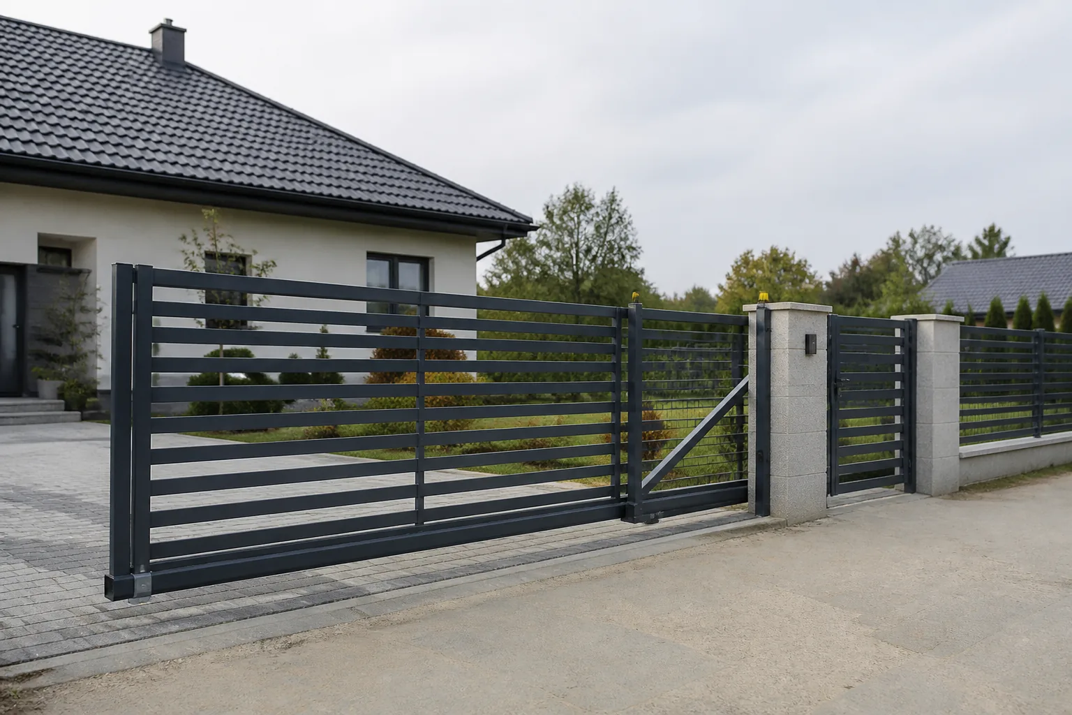 Samonośna brama przesuwna z dopasowaną furtką i ogrodzeniem
