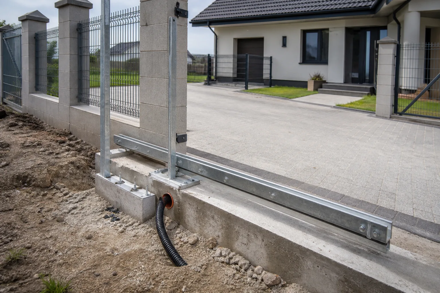 Strefa fundamentu pod bramę przesuwną przed montażem skrzydła