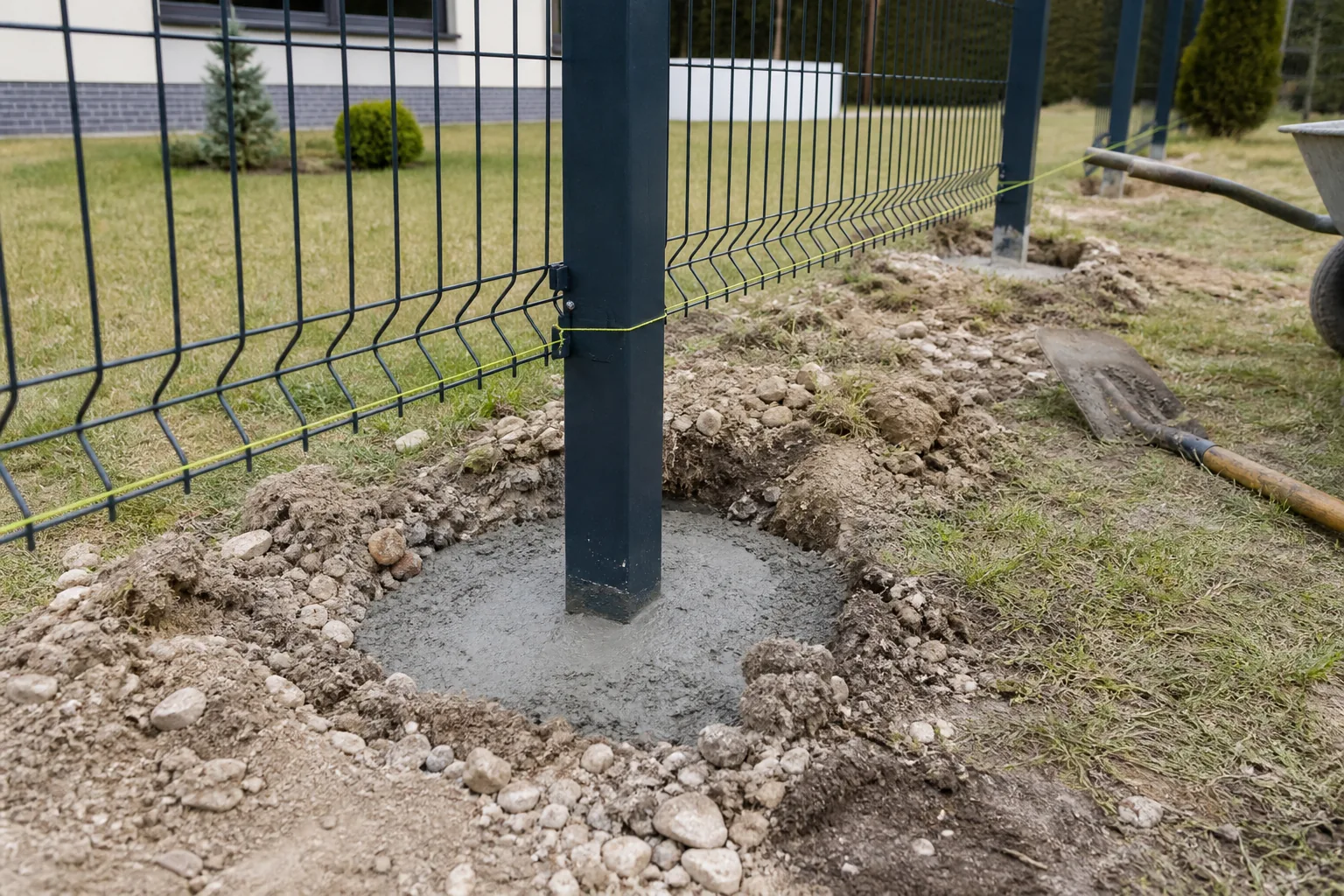 Punktowy fundament słupka ogrodzenia panelowego podczas montażu
