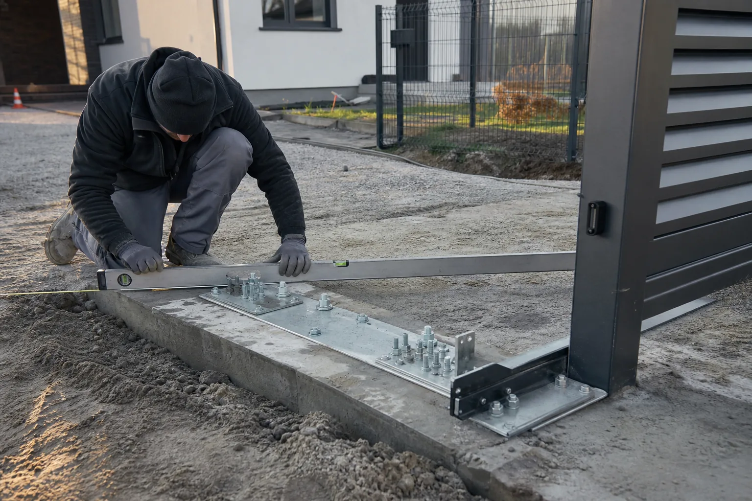 Kontrola poziomu fundamentu pod bramę przesuwną przed montażem